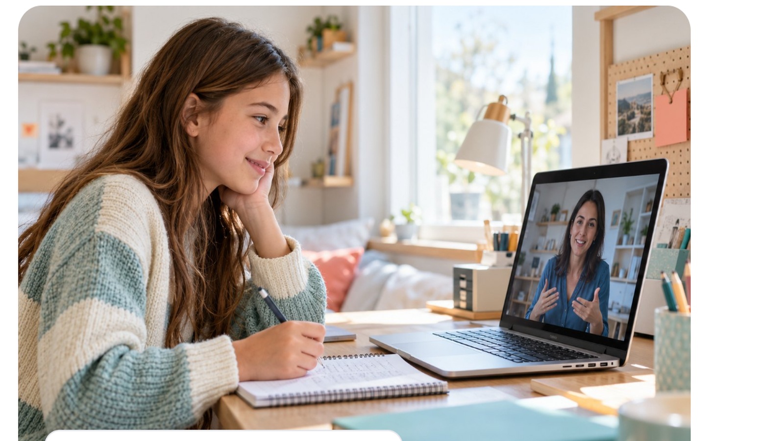 Mädchen beim Online-Unterricht am Schreibtisch